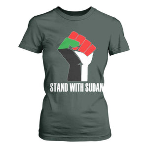 Stand With Sudan Power Fist T Shirt For Women Sudan Flag Activist Peace and Protest TS02 Dark Forest Green Print Your Wear