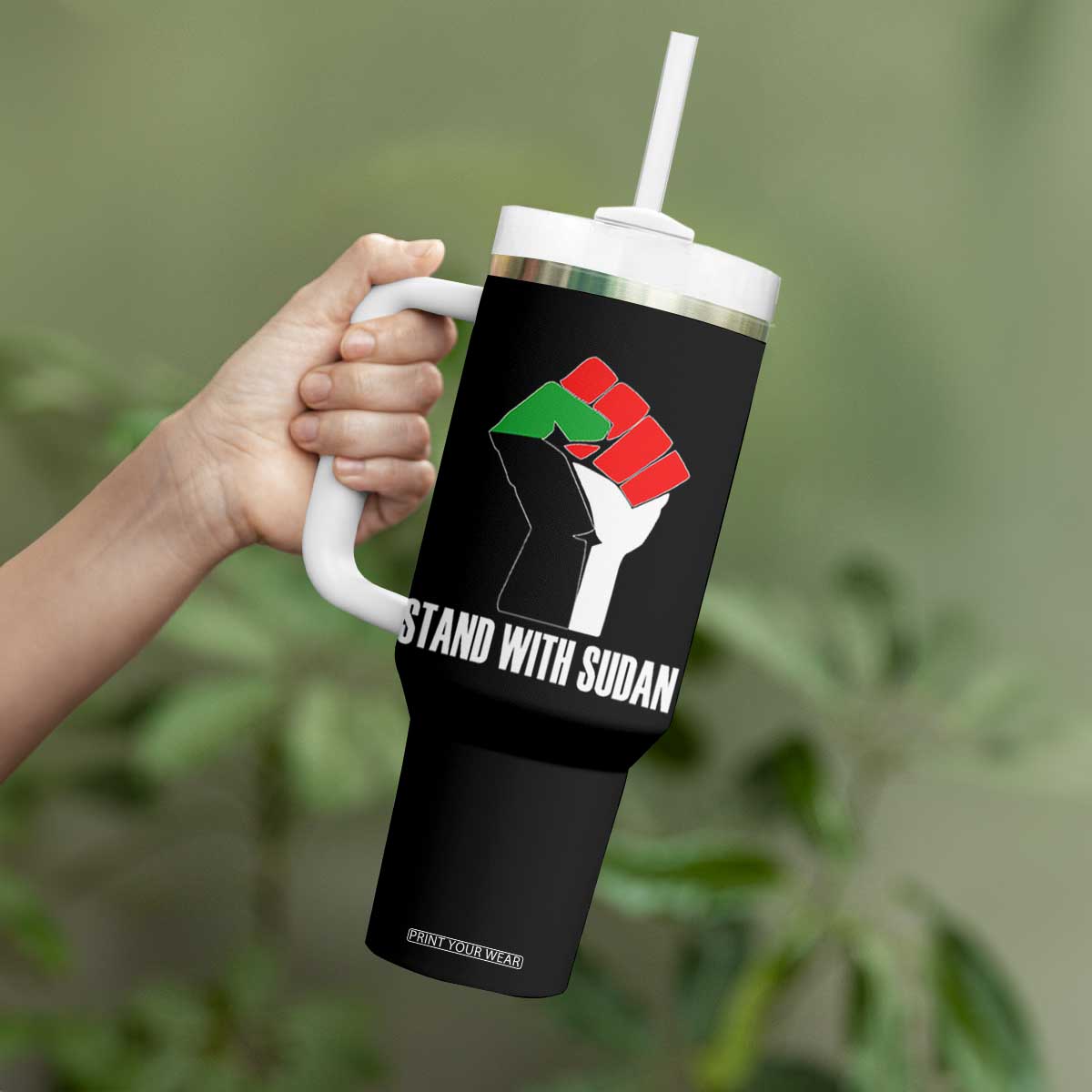 Stand With Sudan Power Fist Tumbler With Handle Sudan Flag Activist Peace and Protest TS02 Print Your Wear