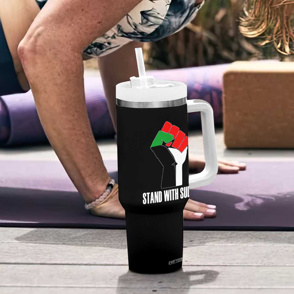 Stand With Sudan Power Fist Tumbler With Handle Sudan Flag Activist Peace and Protest TS02 Print Your Wear