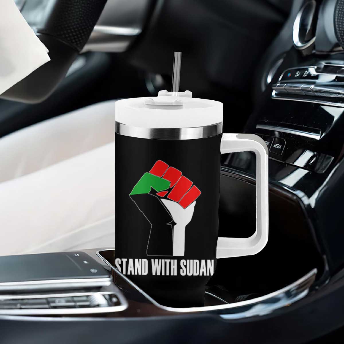 Stand With Sudan Power Fist Tumbler With Handle Sudan Flag Activist Peace and Protest TS02 Print Your Wear