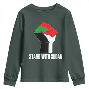 Stand With Sudan Power Fist Youth Sweatshirt Sudan Flag Activist Peace and Protest TS02 Dark Forest Green Print Your Wear