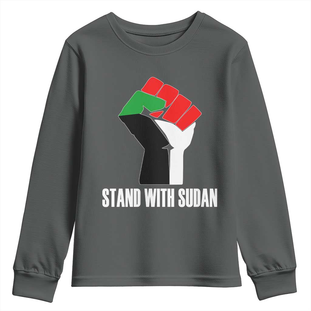 Stand With Sudan Power Fist Youth Sweatshirt Sudan Flag Activist Peace and Protest TS02 Dark Heather Print Your Wear