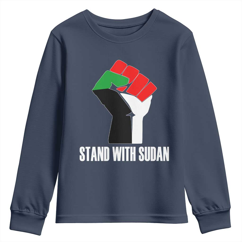 Stand With Sudan Power Fist Youth Sweatshirt Sudan Flag Activist Peace and Protest TS02 Navy Print Your Wear