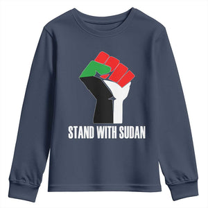 Stand With Sudan Power Fist Youth Sweatshirt Sudan Flag Activist Peace and Protest TS02 Navy Print Your Wear