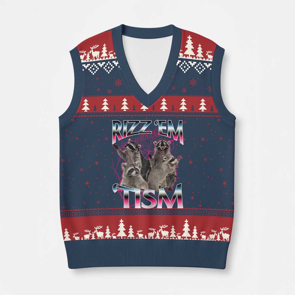Funny Autism Raccoon Meme V-Neck Knit Sweater Vest Rizz Em With The Tism Autistic Raccoons TS02 Navy Red Print Your Wear
