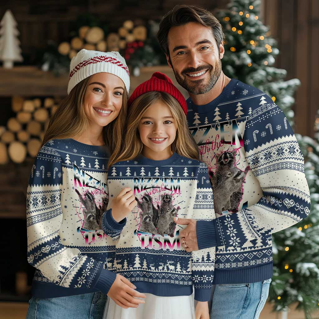 Funny Autism Raccoon Meme Knit Sweatshirt Rizz Em With The Tism Autistic Raccoons TS02 Navy Print Your Wear