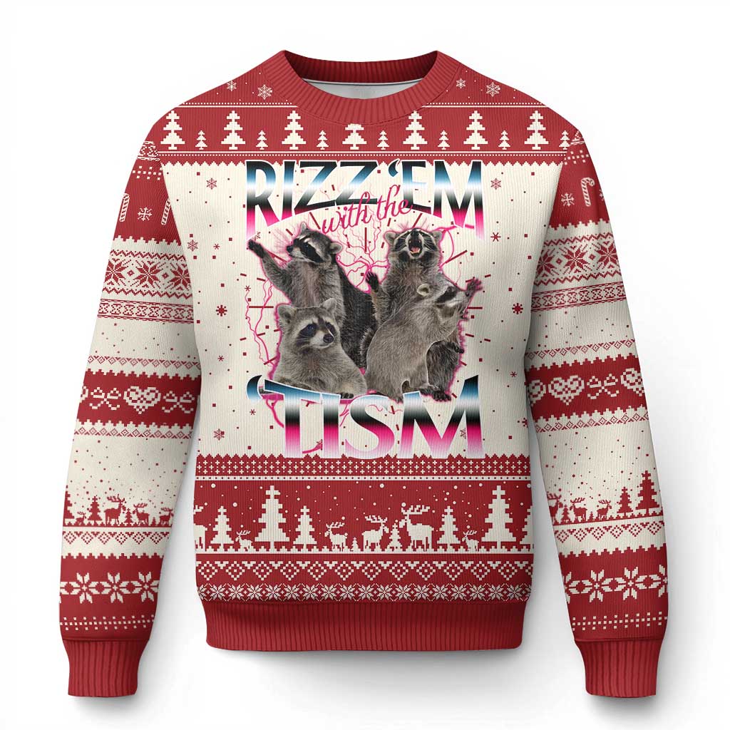 Funny Autism Raccoon Meme Knit Sweatshirt Rizz Em With The Tism Autistic Raccoons TS02 Red Print Your Wear