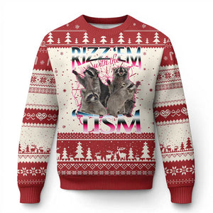 Funny Autism Raccoon Meme Knit Sweatshirt Rizz Em With The Tism Autistic Raccoons TS02 Red Print Your Wear