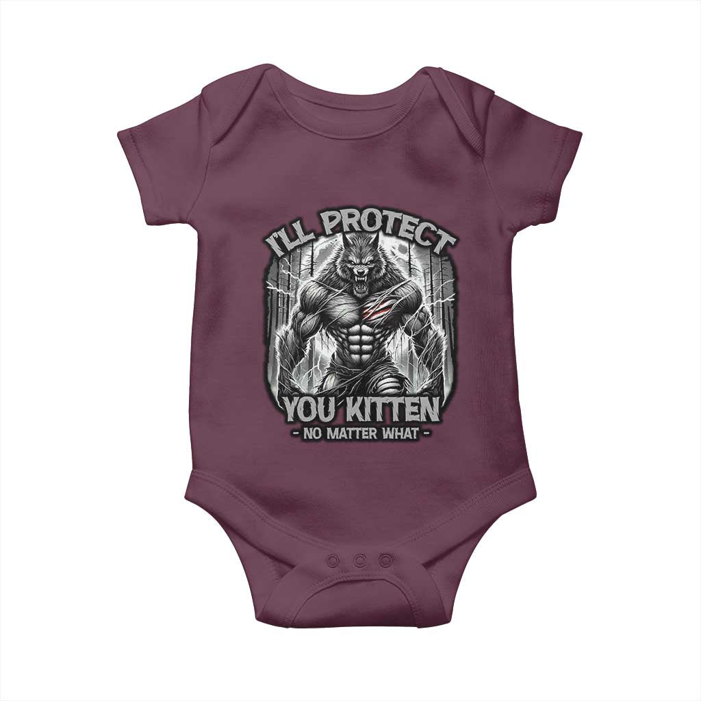 Funny Alpha Wolf Meme Baby Onesie I'll Protect You Kitten Humorous Cringe TS02 Maroon Print Your Wear