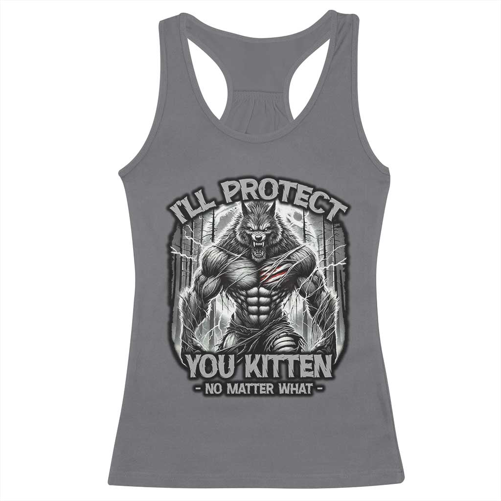 Funny Alpha Wolf Meme Racerback Tank Top I'll Protect You Kitten Humorous Cringe TS02 Charcoal Print Your Wear