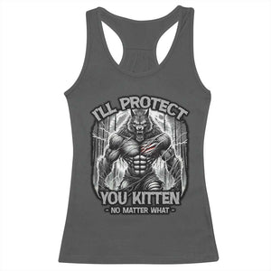 Funny Alpha Wolf Meme Racerback Tank Top I'll Protect You Kitten Humorous Cringe TS02 Dark Heather Print Your Wear
