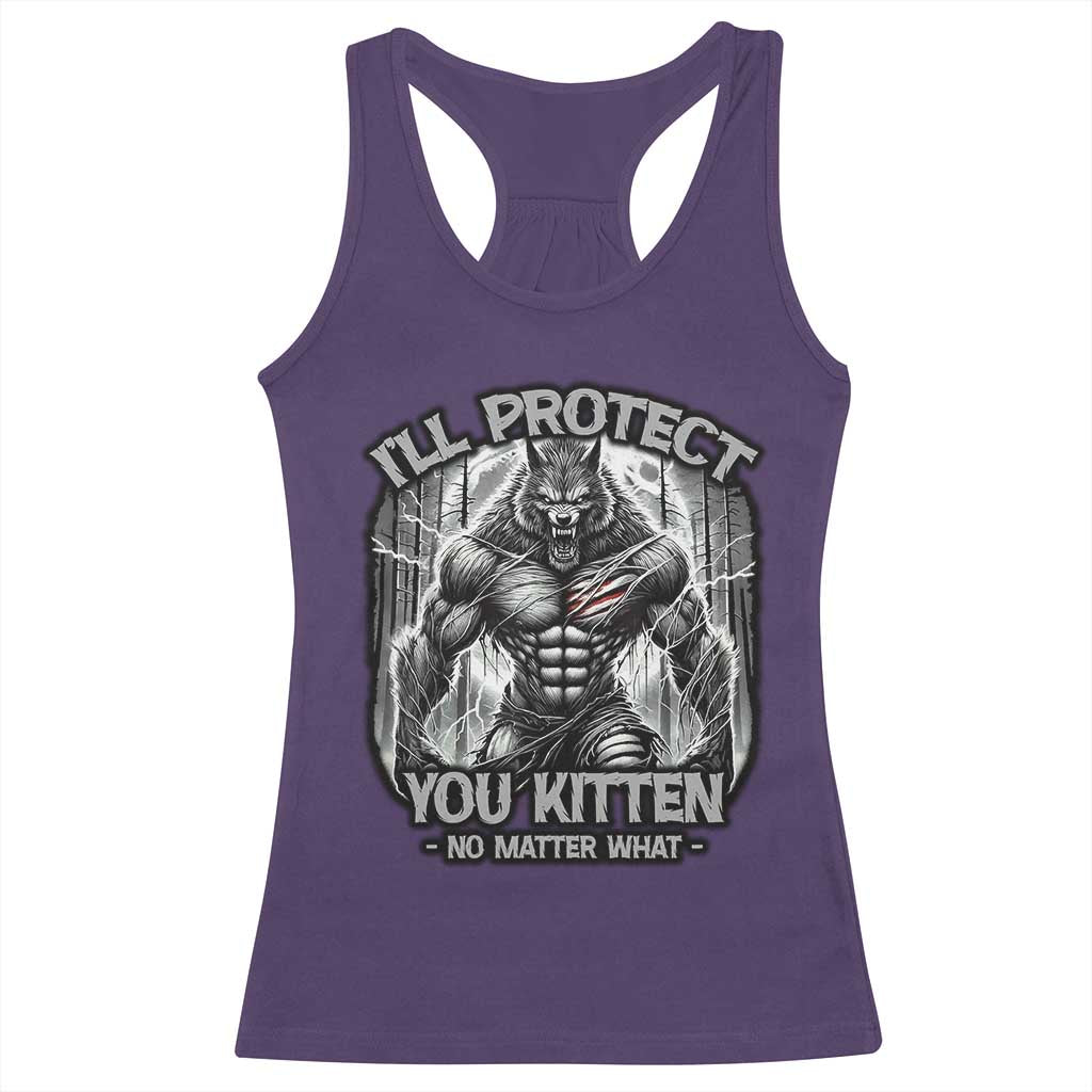 Funny Alpha Wolf Meme Racerback Tank Top I'll Protect You Kitten Humorous Cringe TS02 Purple Print Your Wear