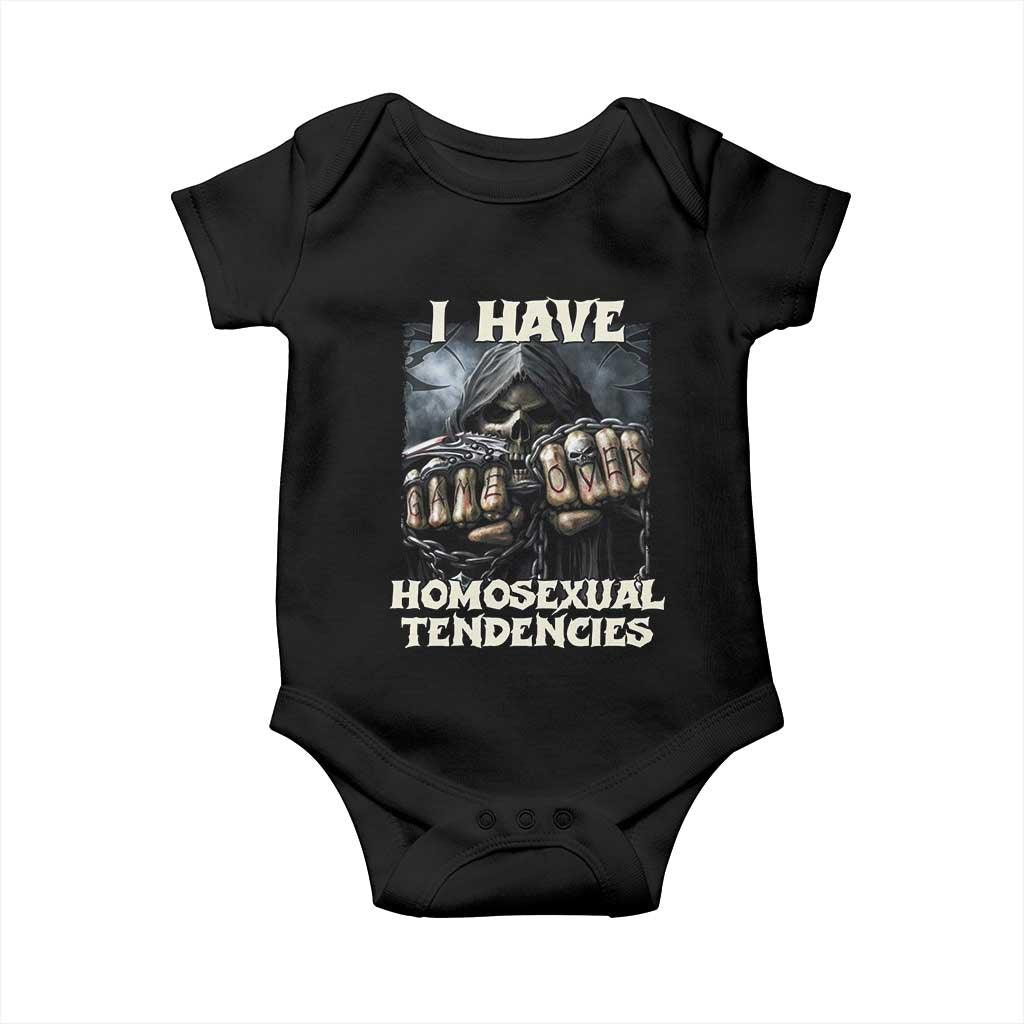 Skeleton Meme Baby Onesie I Have Homosexual Tendencies Funny Edgy Hard Cringe TS02 Black Print Your Wear