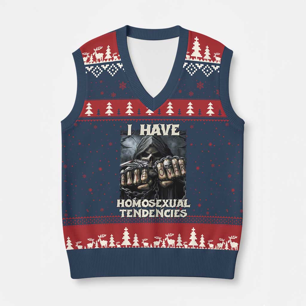 Skeleton Meme V-Neck Knit Sweater Vest I Have Homosexual Tendencies Funny Edgy Hard Cringe TS02 Navy Red Print Your Wear