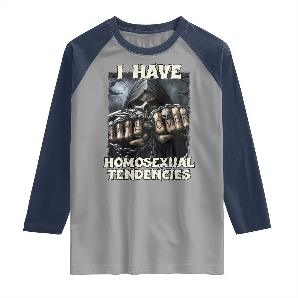 Skeleton Meme Raglan Shirt I Have Homosexual Tendencies Funny Edgy Hard Cringe TS02 Sport Gray Navy Print Your Wear