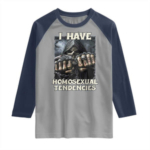 Skeleton Meme Raglan Shirt I Have Homosexual Tendencies Funny Edgy Hard Cringe TS02 Sport Gray Navy Print Your Wear