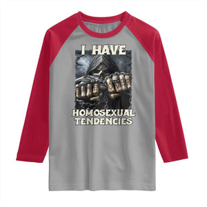 Skeleton Meme Raglan Shirt I Have Homosexual Tendencies Funny Edgy Hard Cringe TS02 Sport Gray Red Print Your Wear