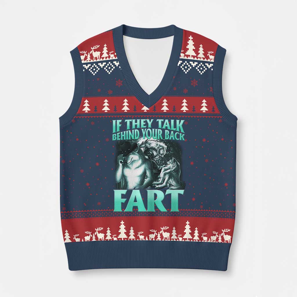 Funny Alpha Wolf Meme V-Neck Knit Sweater Vest If They Talk Behind Your Back Fart Humorous Cringe TS02 Navy Red Print Your Wear