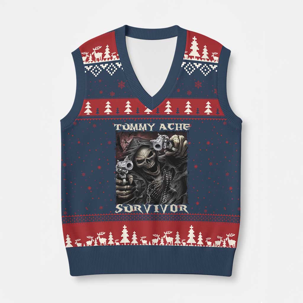 Skeleton Meme V-Neck Knit Sweater Vest Tummy Ache Survivor Funny Cool Edgy Hard Cringe TS02 Navy Red Print Your Wear