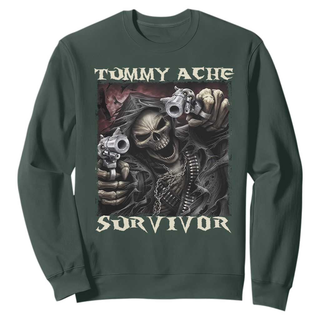 Skeleton Meme Sweatshirt Tummy Ache Survivor Funny Cool Edgy Hard Cringe TS02 Dark Forest Green Print Your Wear