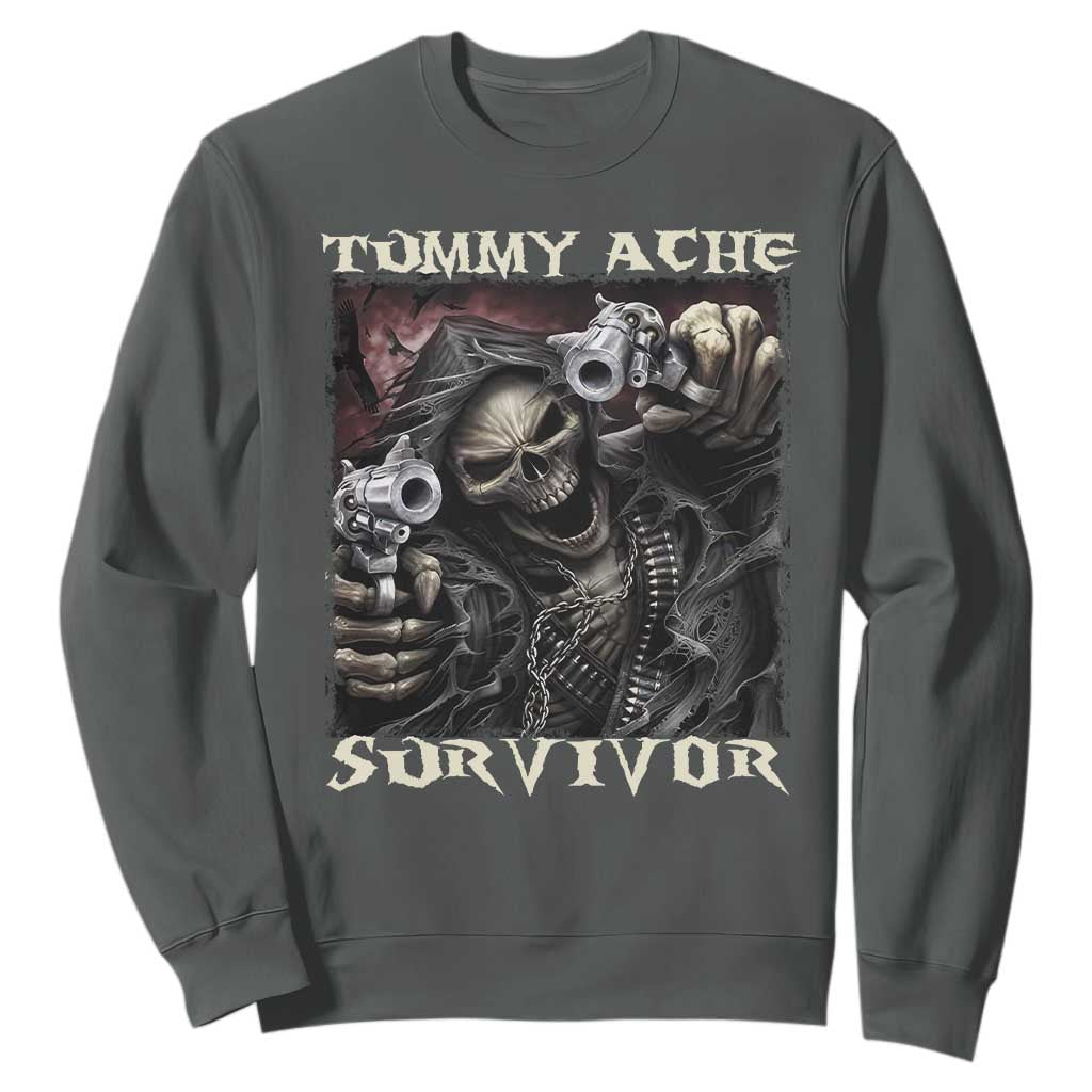 Skeleton Meme Sweatshirt Tummy Ache Survivor Funny Cool Edgy Hard Cringe TS02 Dark Heather Print Your Wear