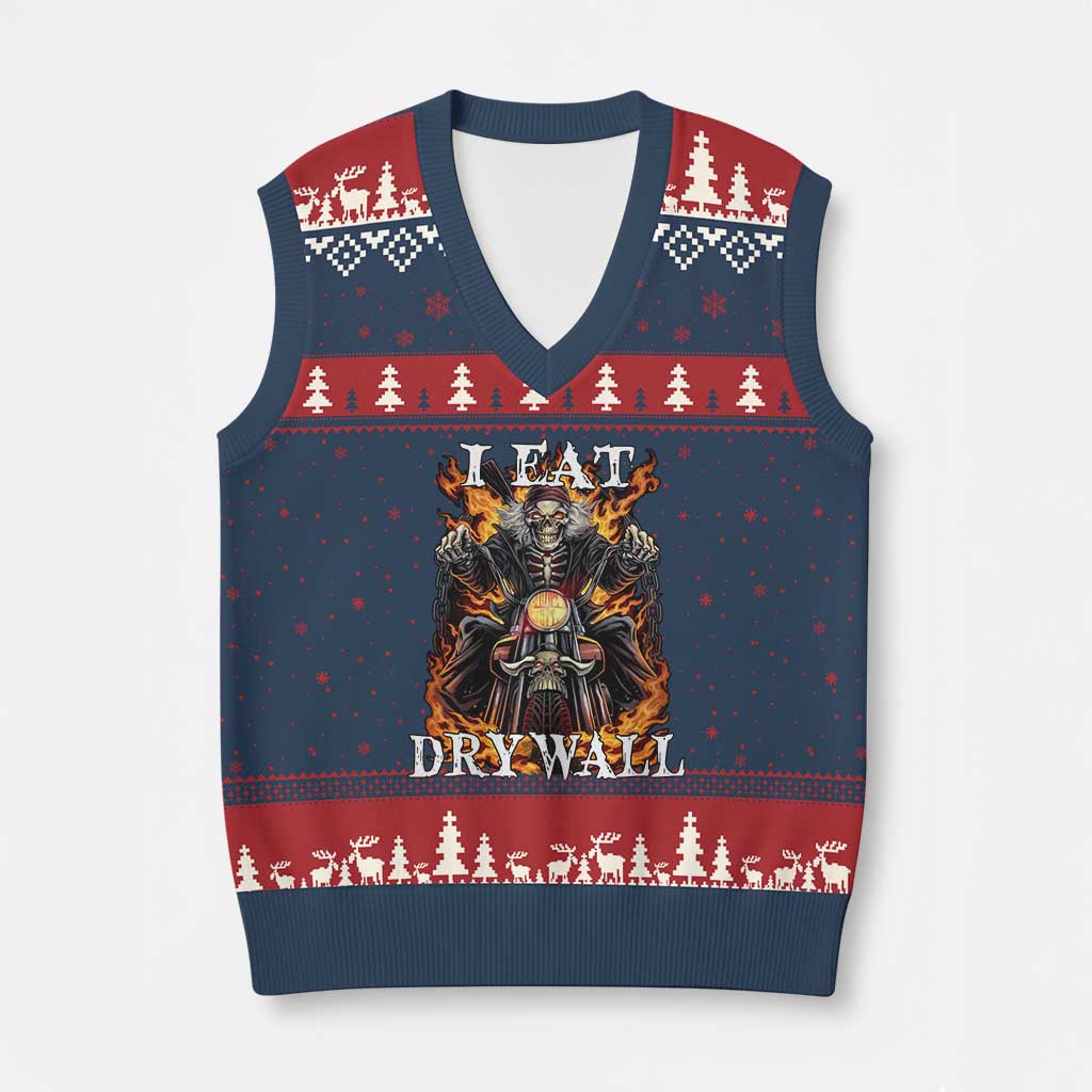 Funny Cringe Hard Skeleton Meme V-Neck Knit Sweater Vest I Eat Drywall TS02 Navy Red Print Your Wear
