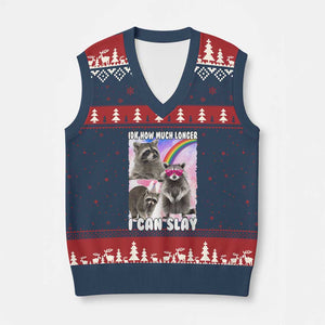 Funny Raccoon Meme V-Neck Knit Sweater Vest Idk How Much Longer I Can Slay TS02 Navy Red Print Your Wear