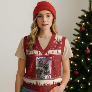 Funny Raccoon Meme V-Neck Knit Sweater Vest Idk How Much Longer I Can Slay TS02 Red Beige Print Your Wear