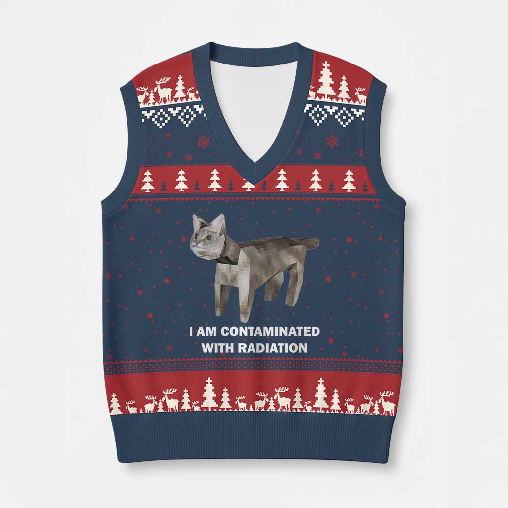 Funny Cat Meme V-Neck Knit Sweater Vest I Am Contaminated With Radiation Humorous Oddly Specific TS02 Navy Red Print Your Wear
