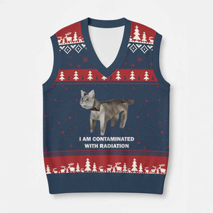 Funny Cat Meme V-Neck Knit Sweater Vest I Am Contaminated With Radiation Humorous Oddly Specific TS02 Navy Red Print Your Wear