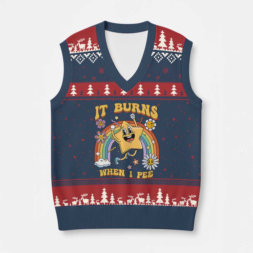 Funny Saying V-Neck Knit Sweater Vest It Burns When I Pee Sarcastic Ironic Meme Nostalgia TS02 Navy Red Print Your Wear