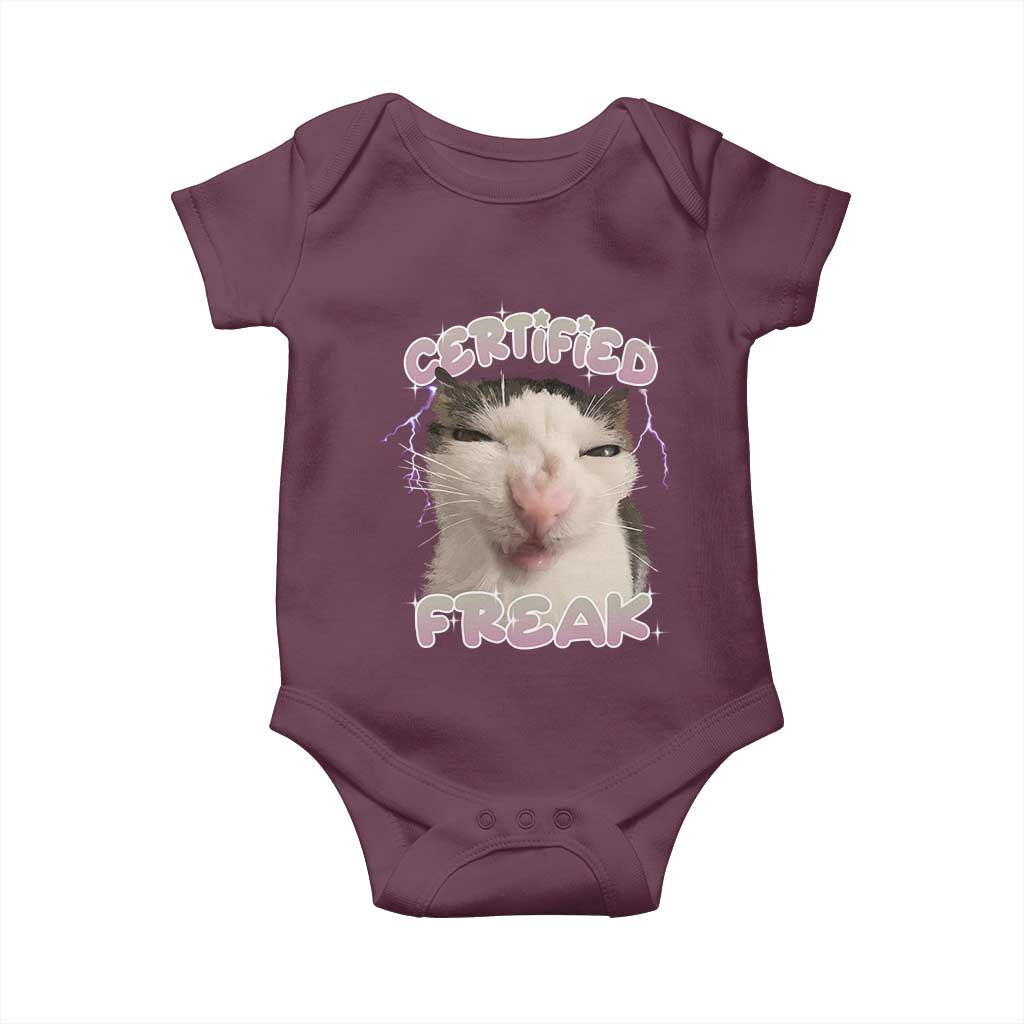 Funny Cat Meme Baby Onesie Certified Freak Eat Cement Cursed Cat TS02 Maroon Print Your Wear