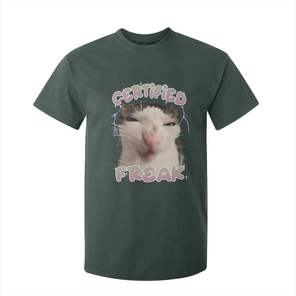 Funny Cat Meme T Shirt For Kid Certified Freak Eat Cement Cursed Cat TS02 Dark Forest Green Print Your Wear