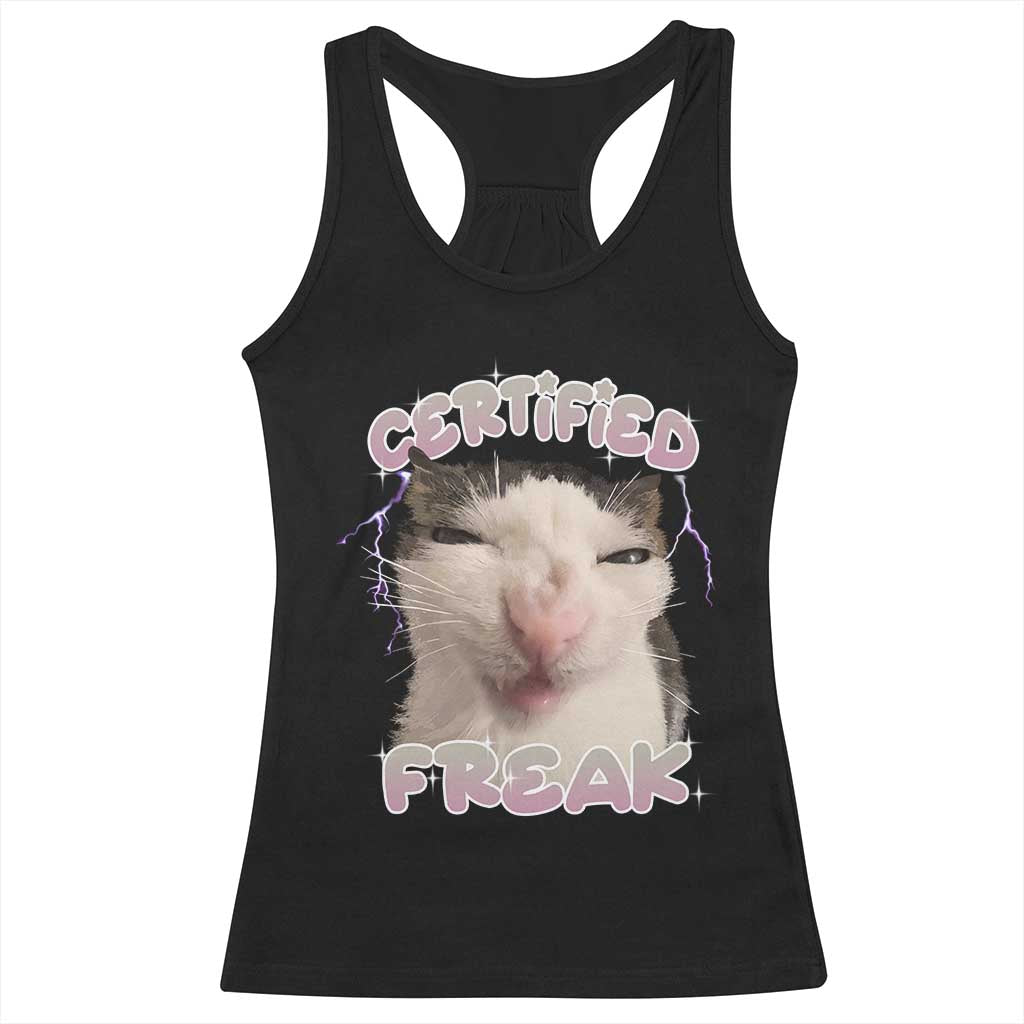 Funny Cat Meme Racerback Tank Top Certified Freak Eat Cement Cursed Cat TS02 Black Print Your Wear
