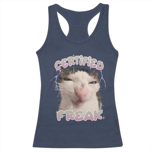 Funny Cat Meme Racerback Tank Top Certified Freak Eat Cement Cursed Cat TS02 Navy Print Your Wear