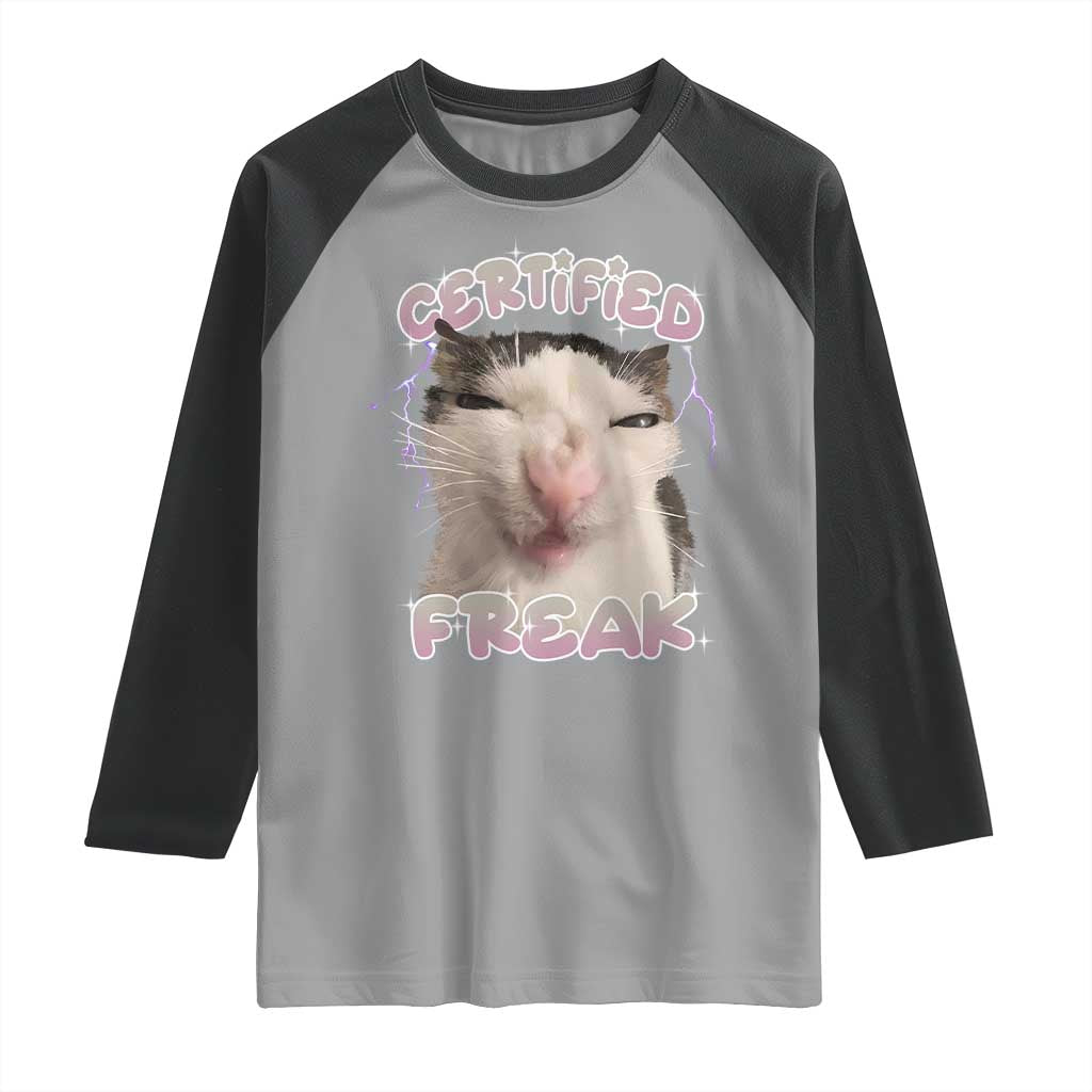 Funny Cat Meme Raglan Shirt Certified Freak Eat Cement Cursed Cat TS02 Sport Gray Black Print Your Wear