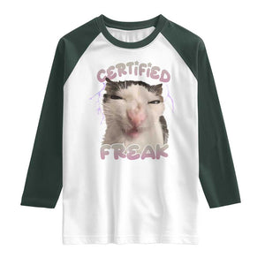 Funny Cat Meme Raglan Shirt Certified Freak Eat Cement Cursed Cat TS02 White Dark Forest Green Print Your Wear