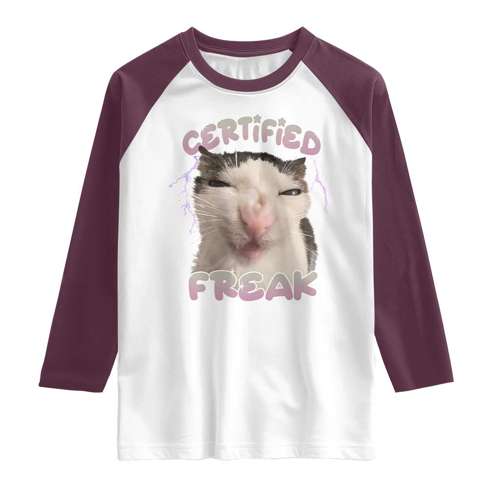 Funny Cat Meme Raglan Shirt Certified Freak Eat Cement Cursed Cat TS02 White Maroon Print Your Wear