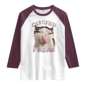 Funny Cat Meme Raglan Shirt Certified Freak Eat Cement Cursed Cat TS02 White Maroon Print Your Wear