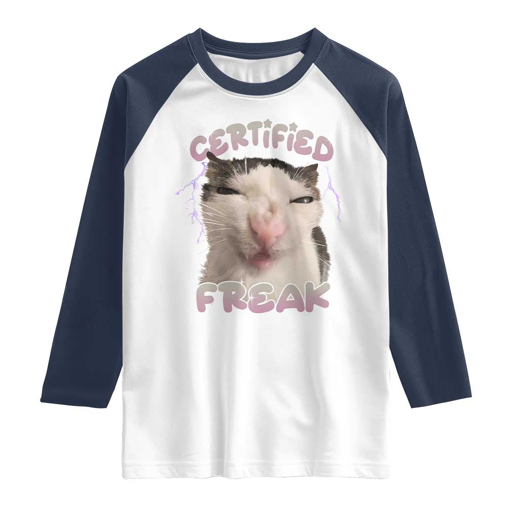 Funny Cat Meme Raglan Shirt Certified Freak Eat Cement Cursed Cat TS02 White Navy Print Your Wear