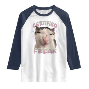 Funny Cat Meme Raglan Shirt Certified Freak Eat Cement Cursed Cat TS02 White Navy Print Your Wear
