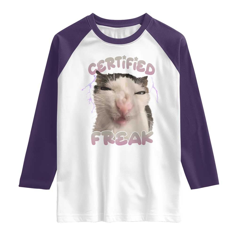 Funny Cat Meme Raglan Shirt Certified Freak Eat Cement Cursed Cat TS02 White Purple Print Your Wear