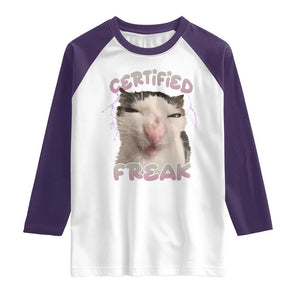 Funny Cat Meme Raglan Shirt Certified Freak Eat Cement Cursed Cat TS02 White Purple Print Your Wear