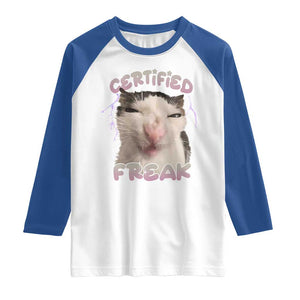 Funny Cat Meme Raglan Shirt Certified Freak Eat Cement Cursed Cat TS02 White Royal Print Your Wear