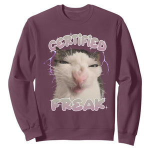 Funny Cat Meme Sweatshirt Certified Freak Eat Cement Cursed Cat TS02 Maroon Print Your Wear