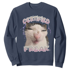 Funny Cat Meme Sweatshirt Certified Freak Eat Cement Cursed Cat TS02 Navy Print Your Wear