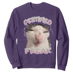 Funny Cat Meme Sweatshirt Certified Freak Eat Cement Cursed Cat TS02 Purple Print Your Wear