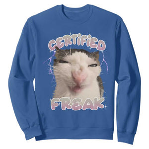 Funny Cat Meme Sweatshirt Certified Freak Eat Cement Cursed Cat TS02 Royal Blue Print Your Wear