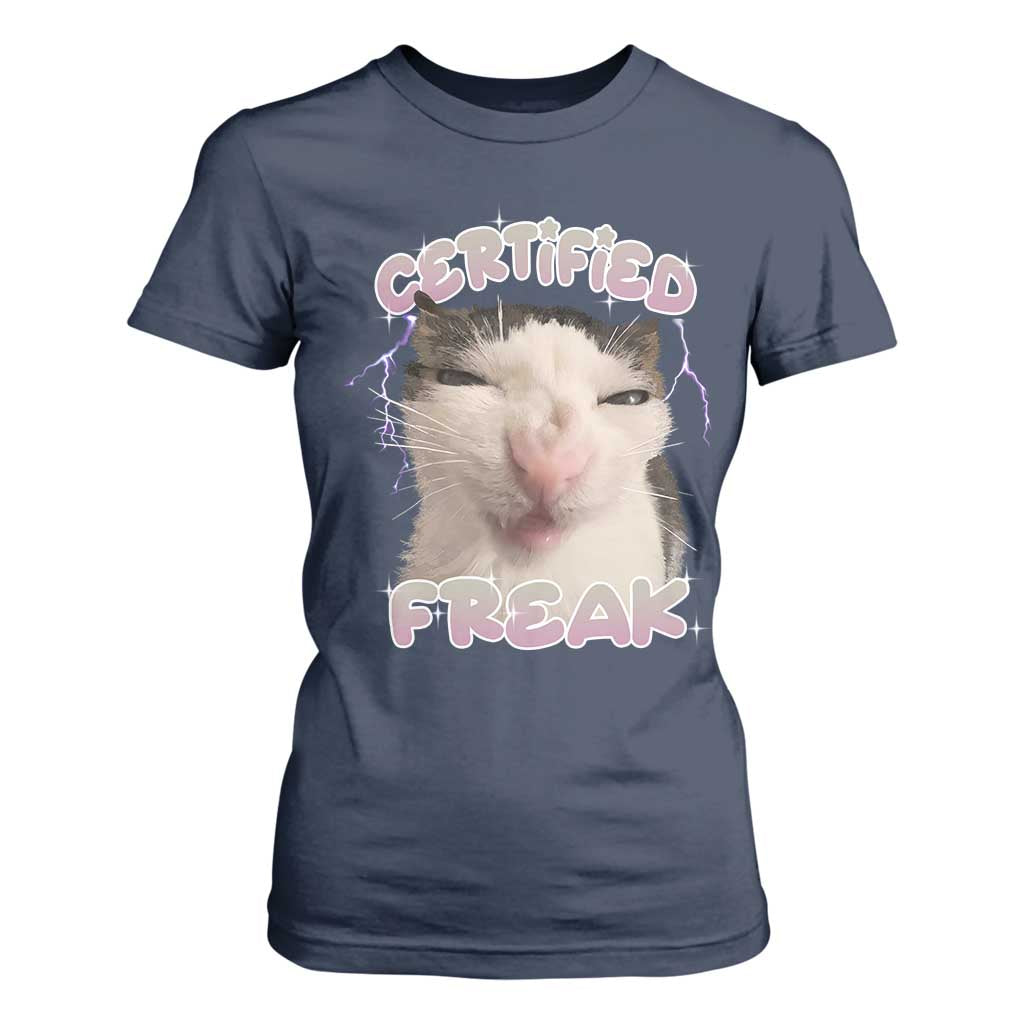 Funny Cat Meme T Shirt For Women Certified Freak Eat Cement Cursed Cat TS02 Navy Print Your Wear