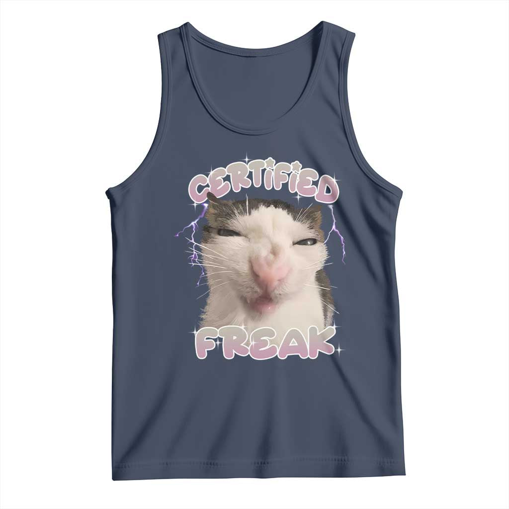 Funny Cat Meme Tank Top Certified Freak Eat Cement Cursed Cat TS02 Navy Print Your Wear